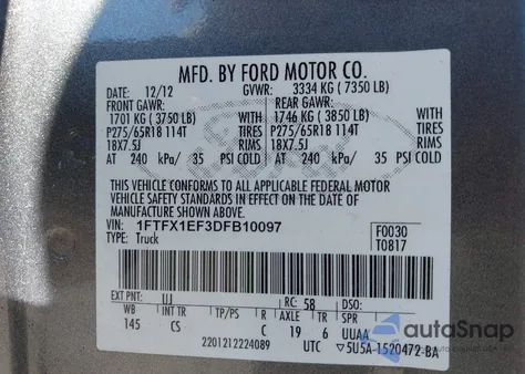 2013 Ford F-150 Stx from USA, damaged, VIN 1FTFX1EF3DFB10097